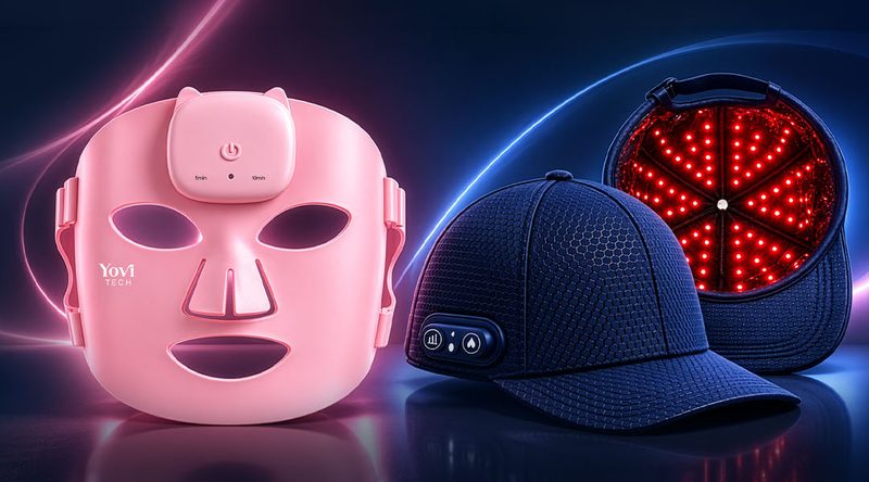 Pembe Yovi Tech LED Yüz Maskesi ve iç yüzeyinde kırmızı LED'ler yanan lacivert Yovi Tech LED Şapka