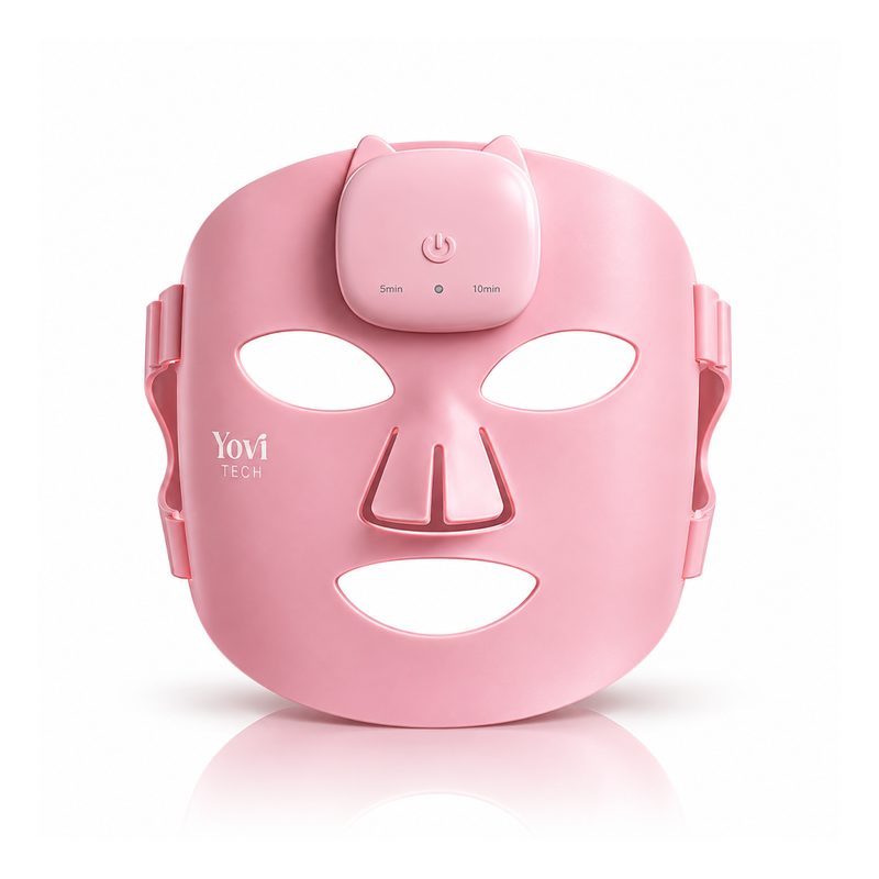 Yovi Tech LED Yüz Maskesi, pembe silikon gövde ve kontrol ünitesi